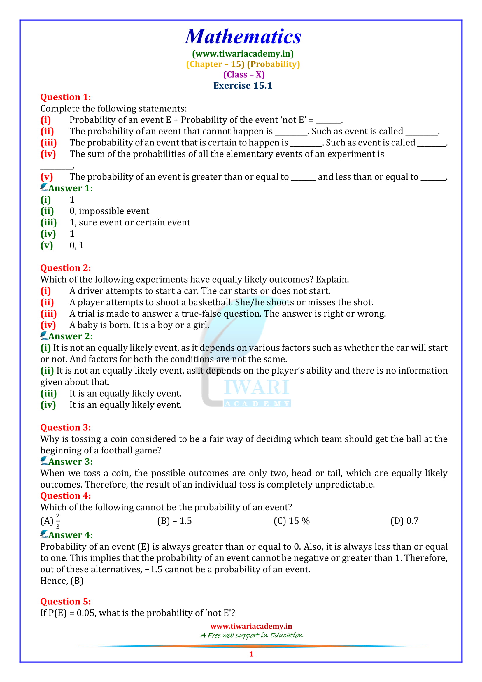 NCERT Solutions for Class 10 Maths Chapter 15 Exercise 15.1 