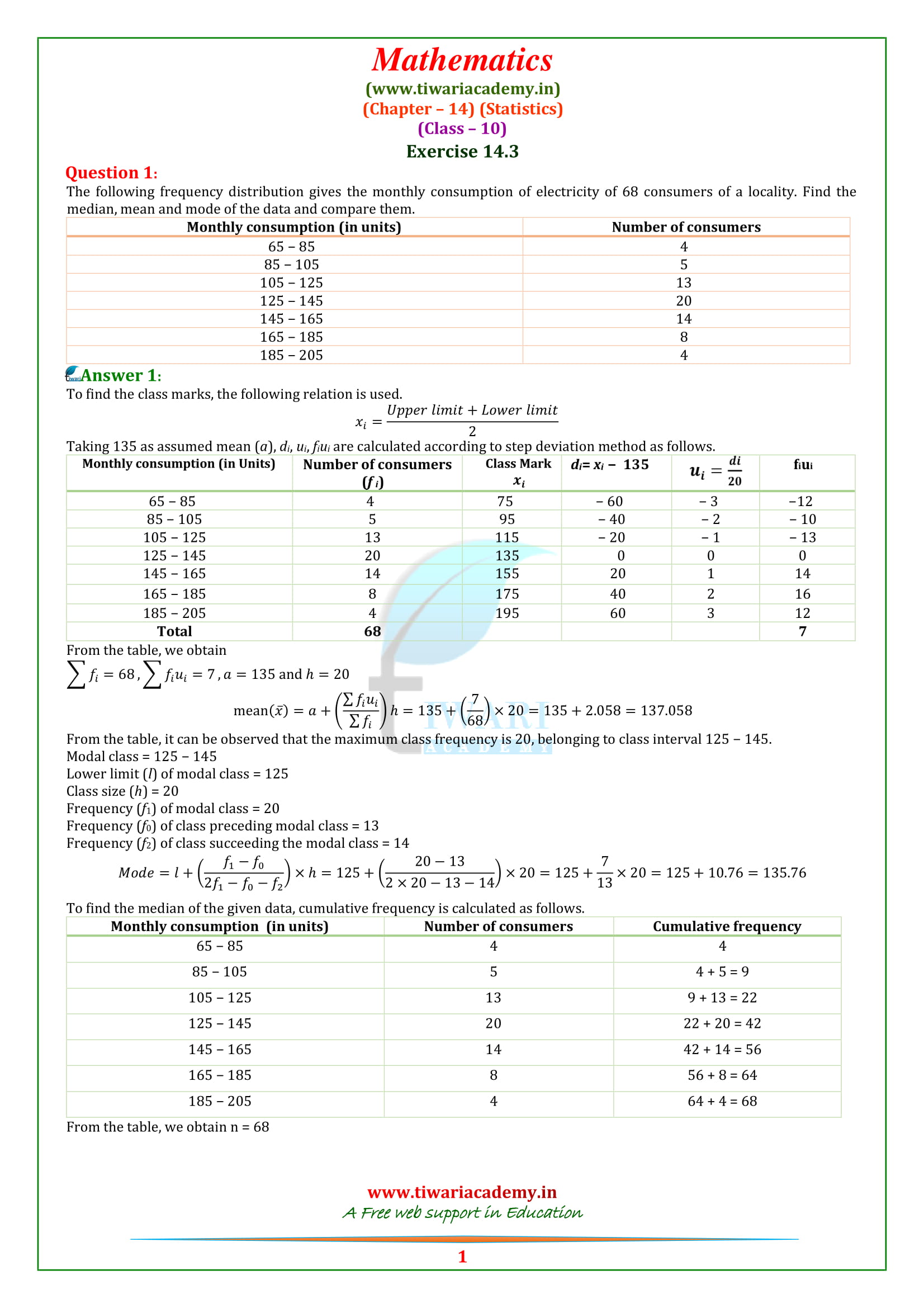 NCERT Solutions for Class 10 Maths Chapter 14 Exercise 14.3 statistics