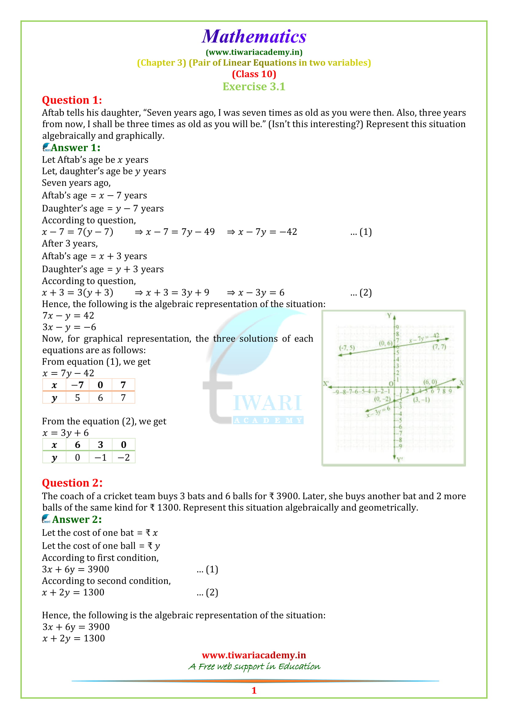 Class 10 Maths Exercise 3.1 solutions in English medium