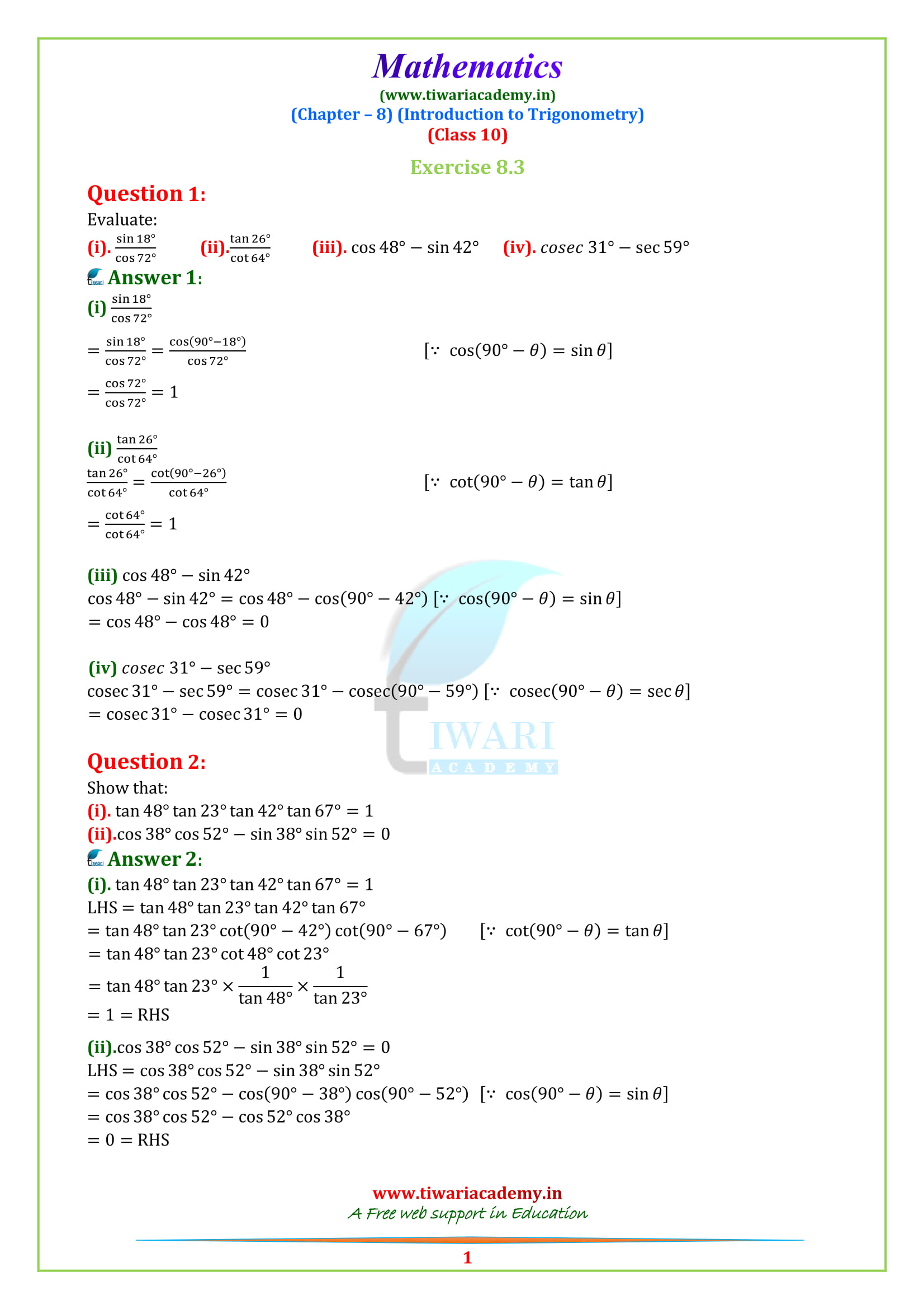 NCERT Solutions for class 10 Maths Chapter 8 Exercise 8.3 in english medium
