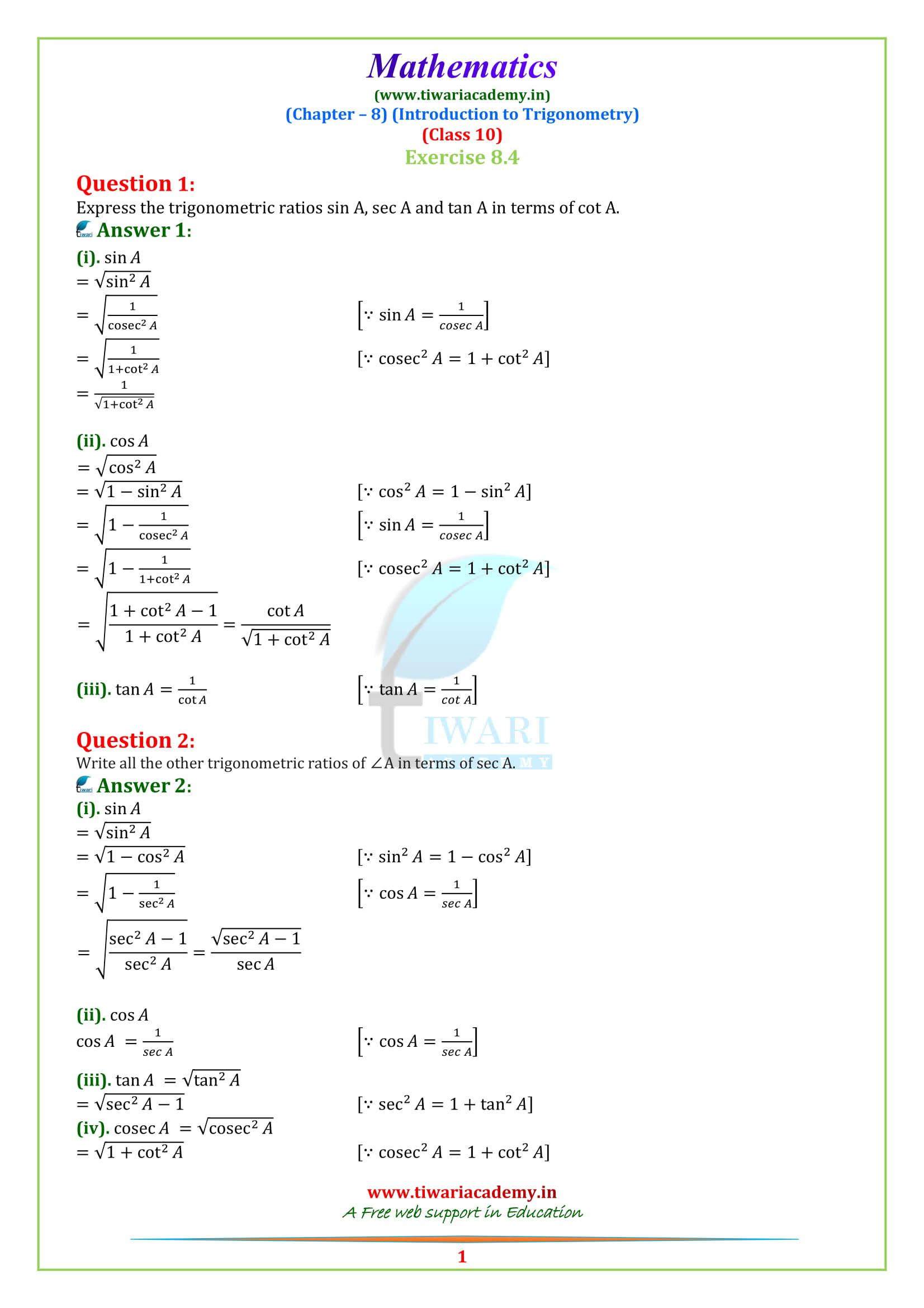 NCERT Solutions for class 10 Maths Chapter 8 Exercise 8.4 all questions