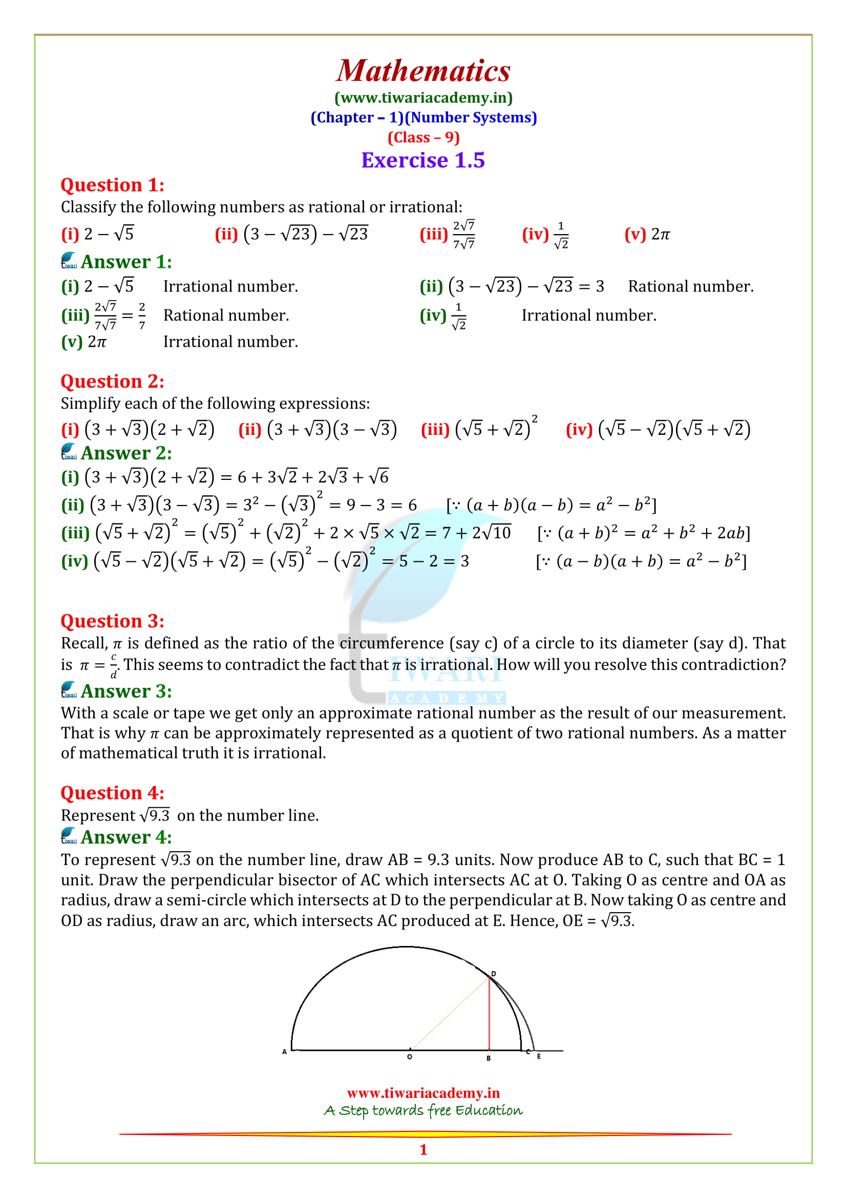 NCERT Solutions for Class 9 Maths Chapter 1 Exercise 1.5