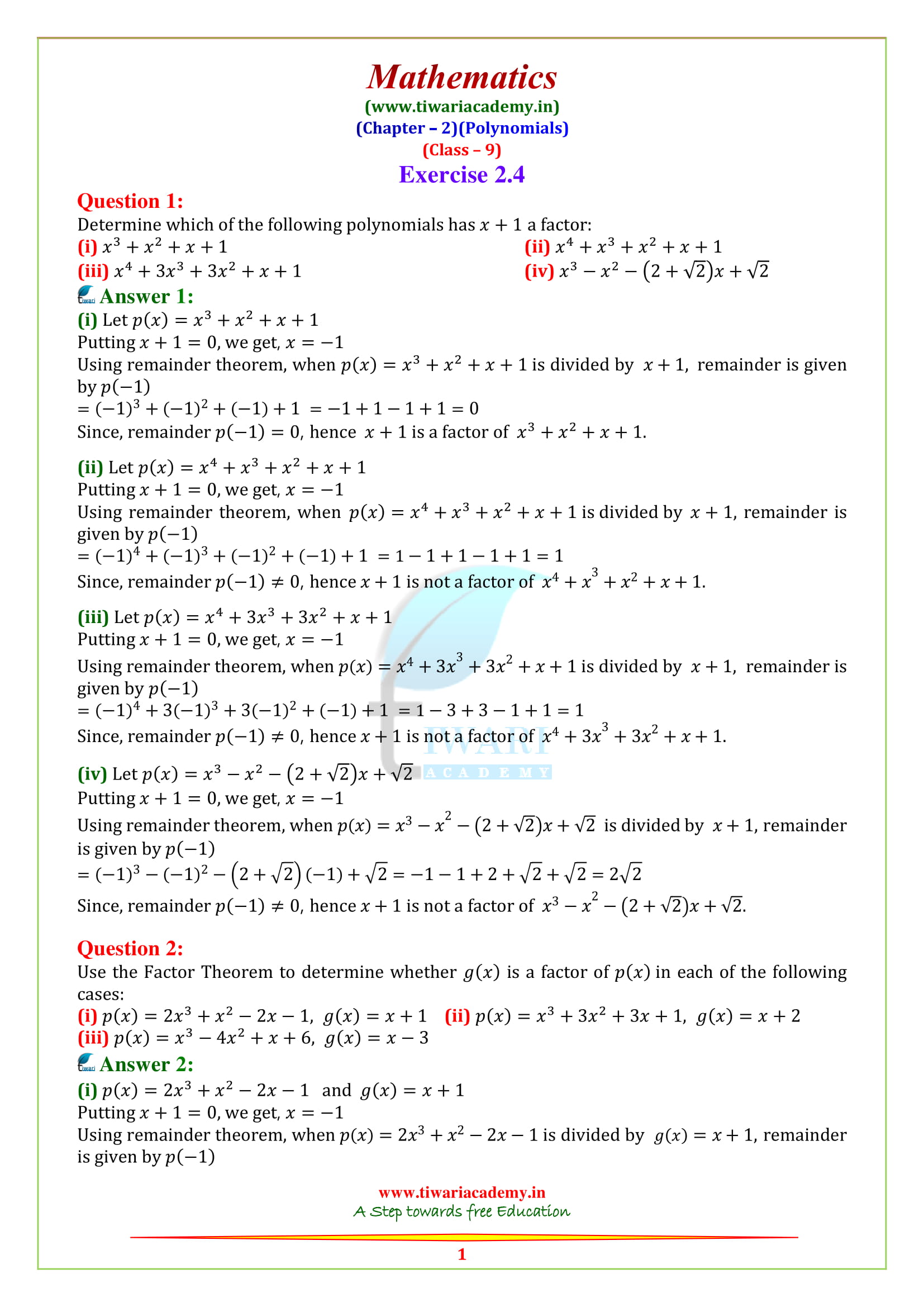NCERT Solutions for class 9 Maths Chapter 2 Exercise 2.4 in english medium
