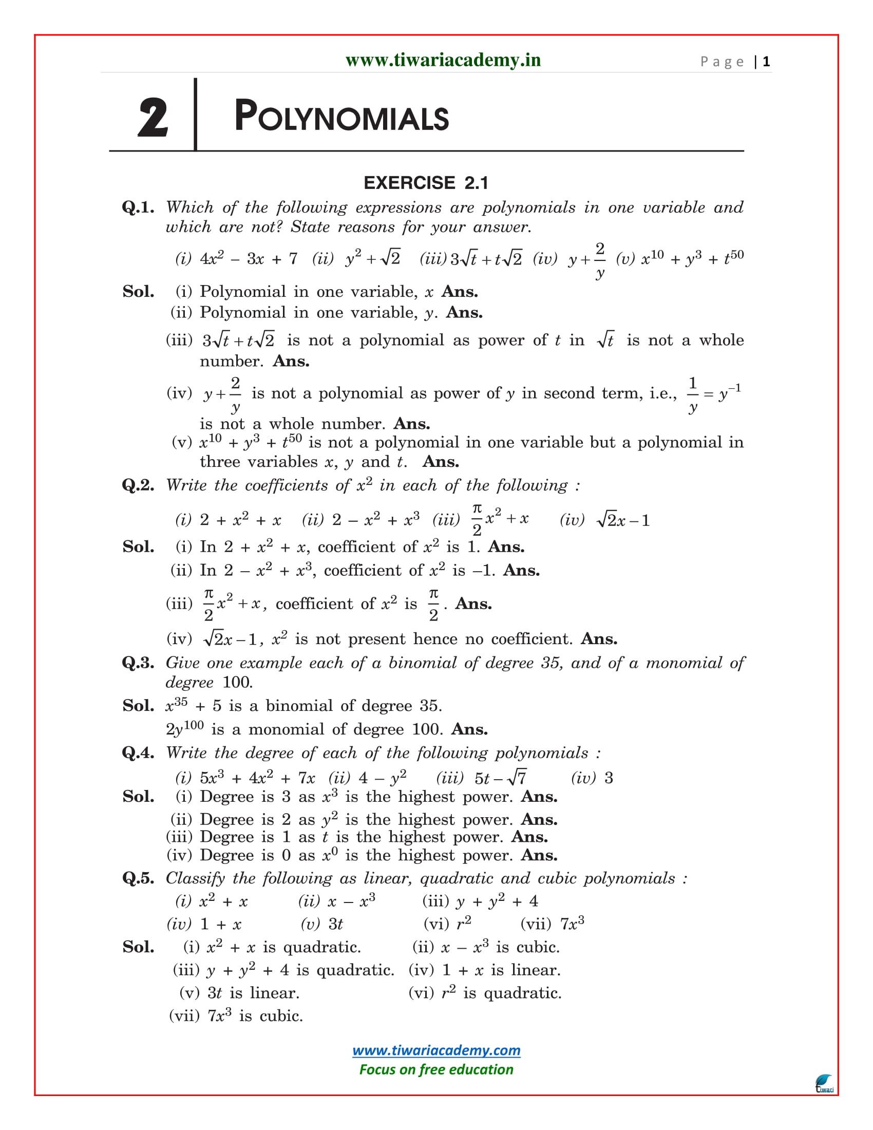 Ncert Solutions For Class 9 Maths Chapter 2 Polynomials In Pdf 
