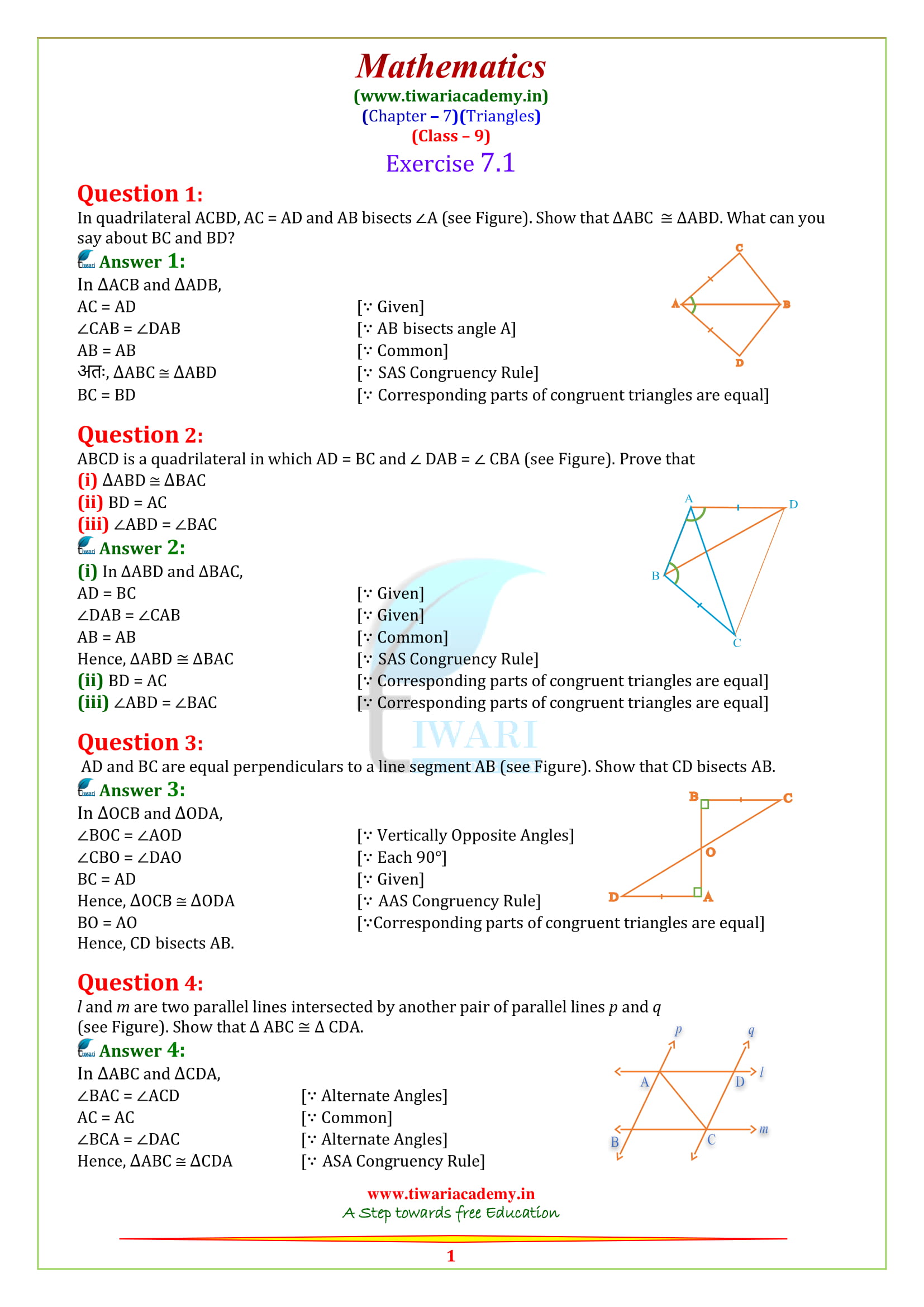 NCERT Solutions for class 9 Maths Chapter 7 Exercise 7.1