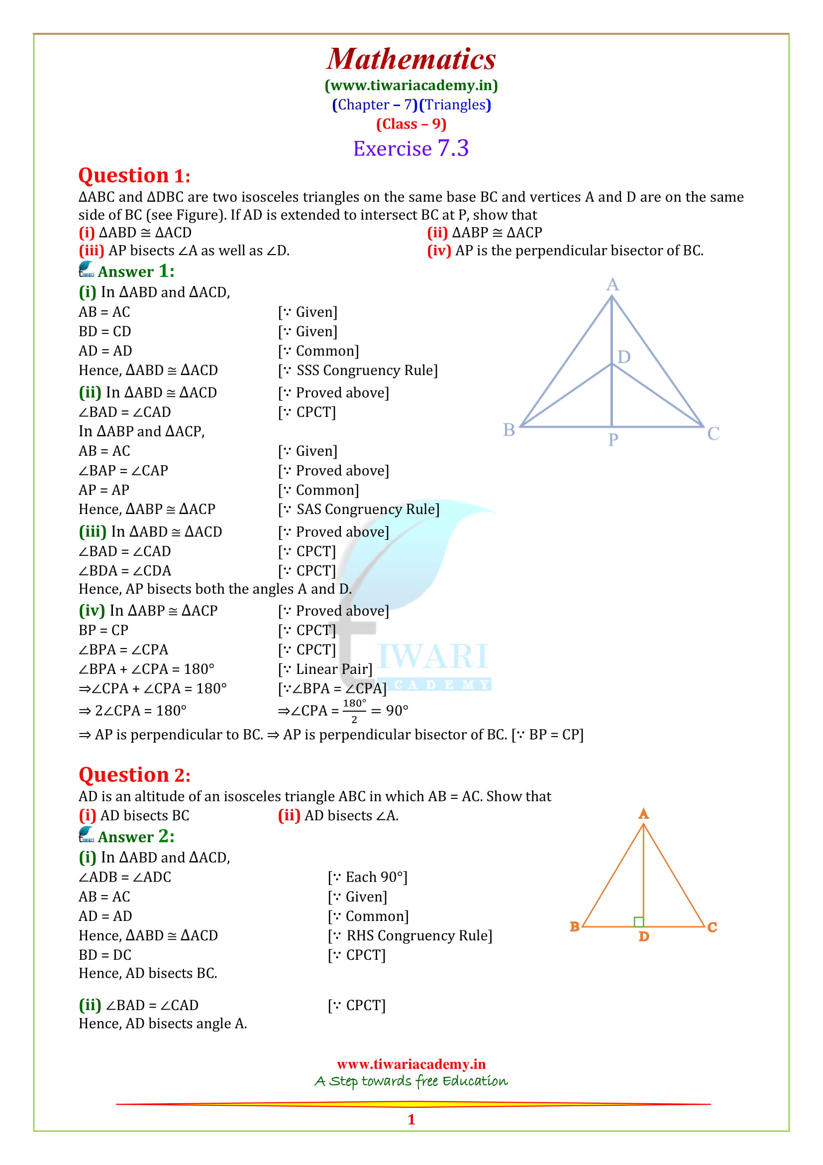 NCERT Solutions for class 9 maths chapter 7 Exerecise 7.3 in english medium pdf
