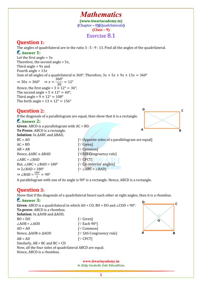 NCERT Solutions for Class 9 Maths Chapter 8 Quadrilaterals Ex. 8.1 & 8.2