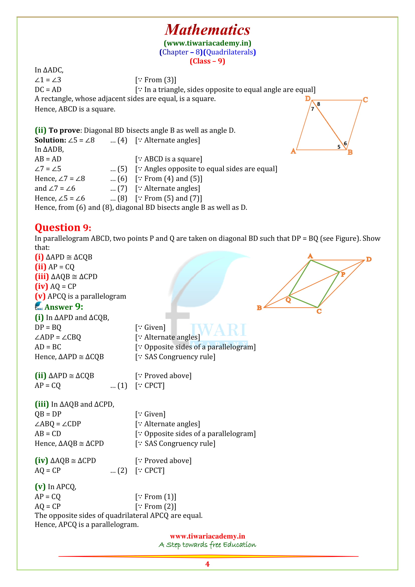 NCERT Solutions for class 9 Maths Exercise 8.1 free to download pdf
