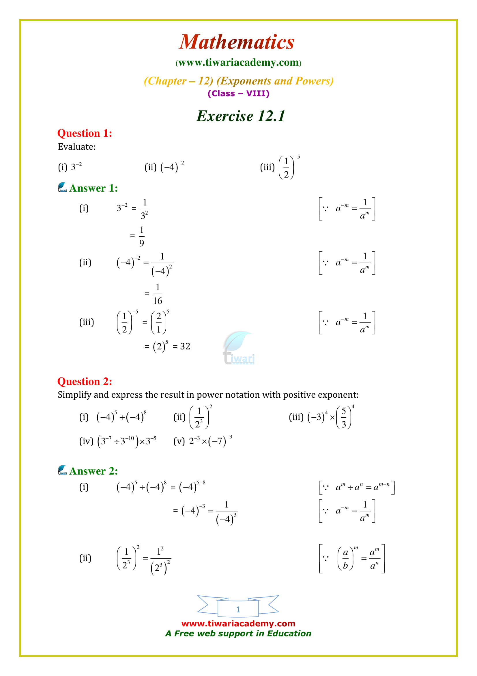 NCERT Solutions for Class 8 Maths Chapter 12 Exercise 12.1 in english medium free
