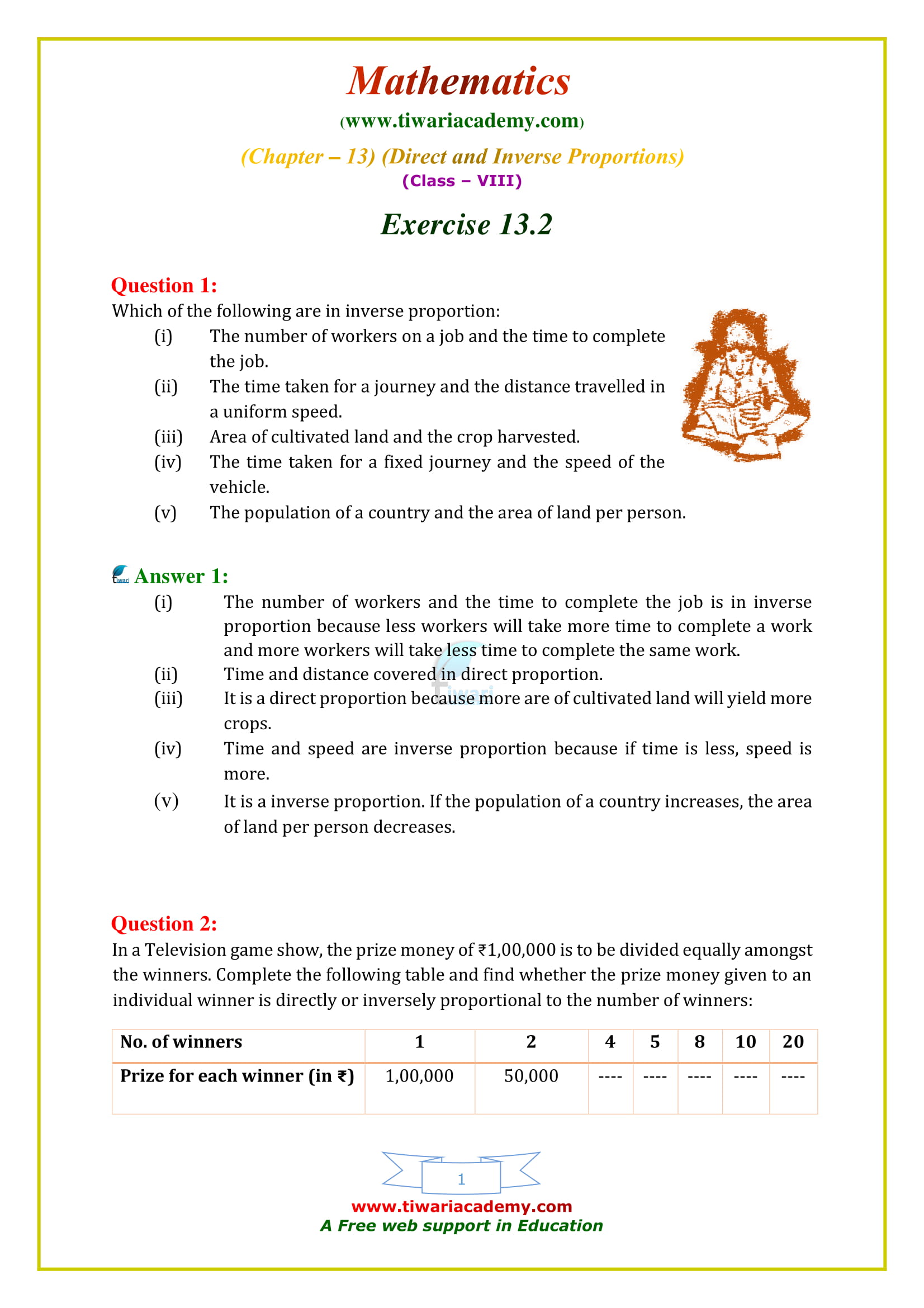 NCERT Solutions for Class 8 Maths Chapter 13 Exercise 13.2 direct and inverse proportions in english medium