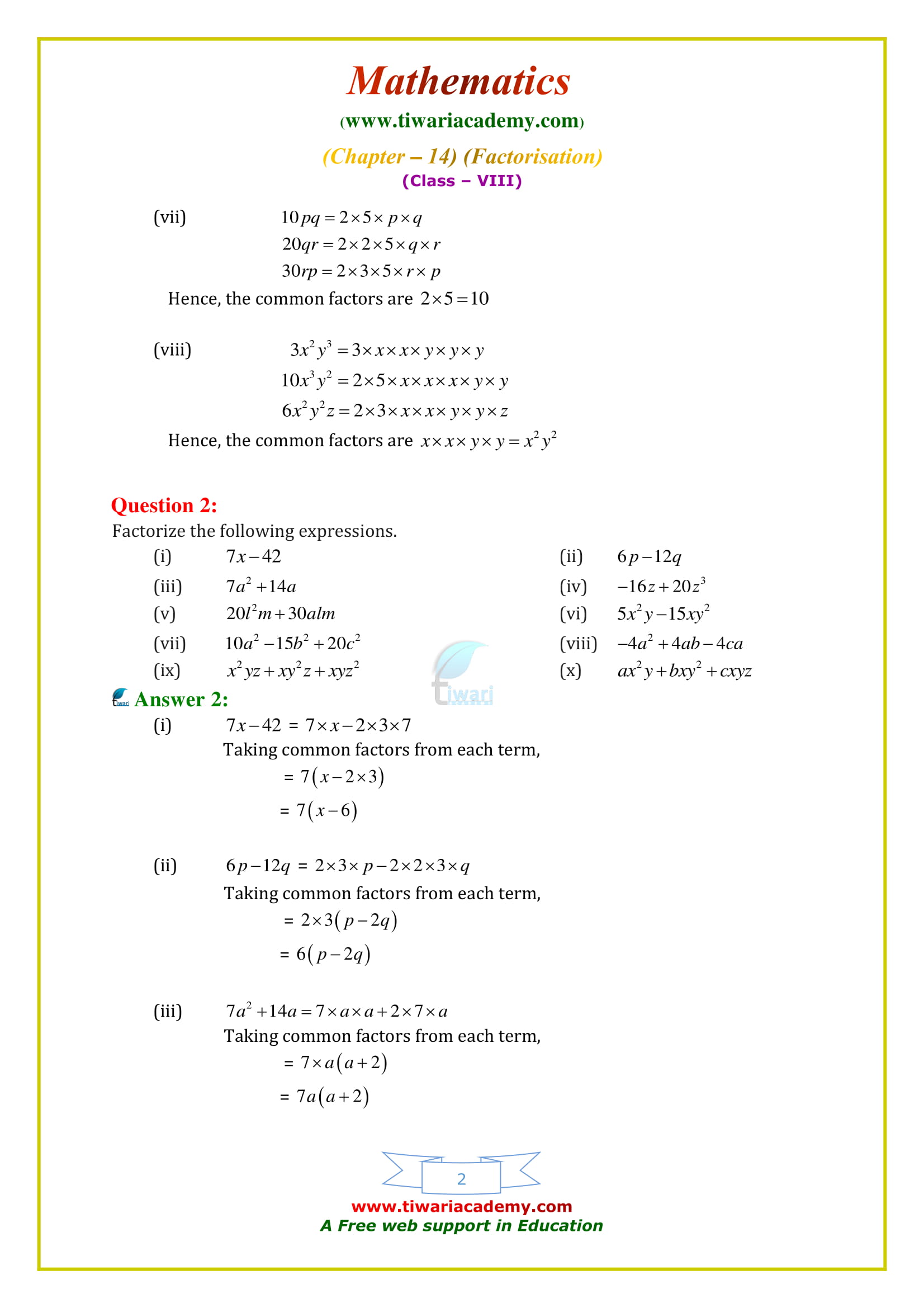 NCERT Solutions for Class 8 Maths Chapter 14 Exercise 14.1 Factorization in english medium 