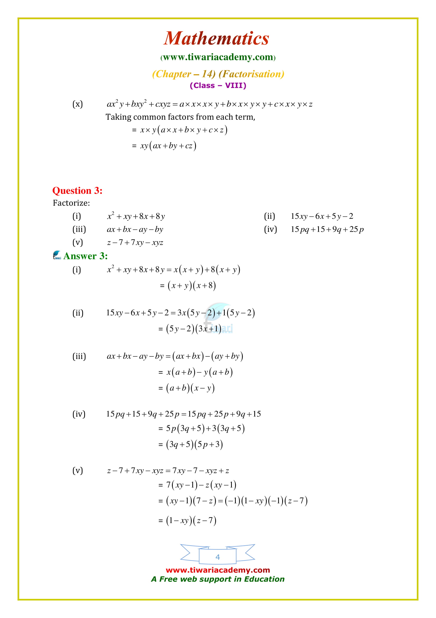 NCERT Solutions for Class 8 Maths Chapter 14 Exercise 14.1 Factorization free to download