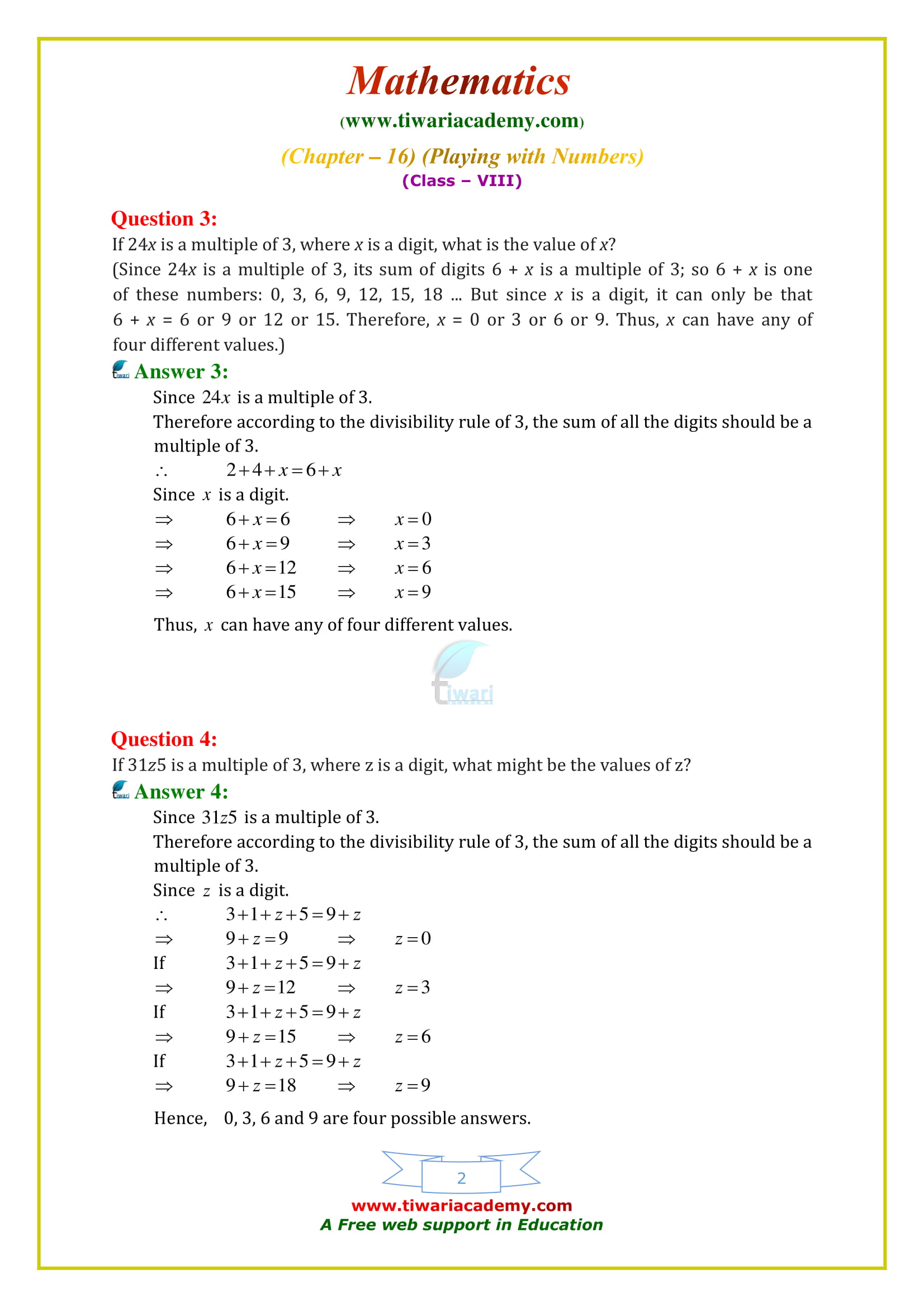 NCERT Solutions for Class 8 Maths Chapter 16 Exercise 16.2 Playing with numbers in english medium